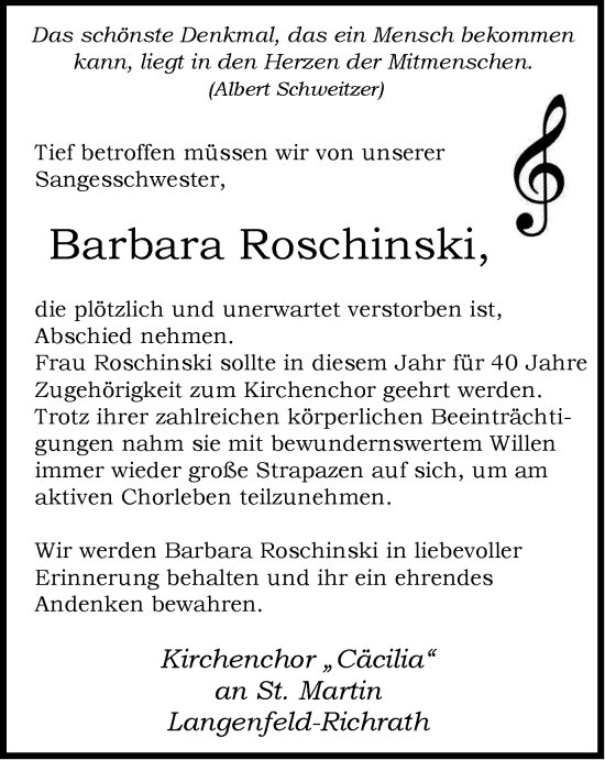 Traueranzeige von Barbara Roschinski von Tageszeitung