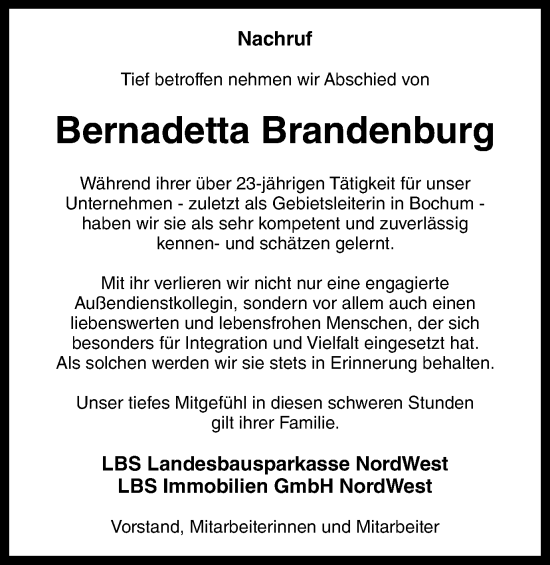 Traueranzeige von Bernadetta Brandenburg von Tageszeitung