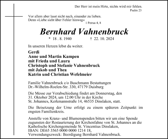 Traueranzeige von Bernhard Vahnenbruck von Tageszeitung