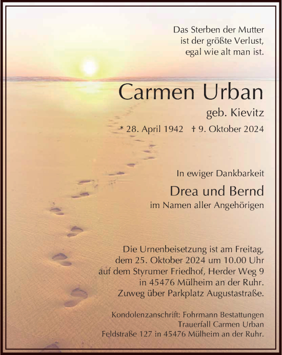 Traueranzeige von Carmen Urban von Tageszeitung