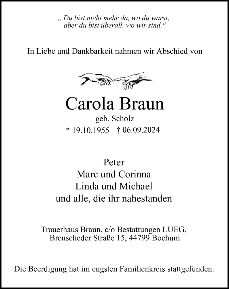  Traueranzeige für Carola Braun vom 05.10.2024 aus Tageszeitung