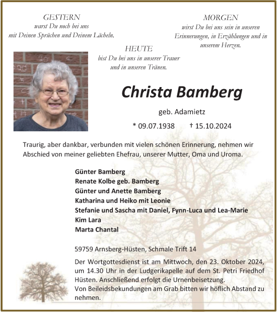 Traueranzeige von Christa Bamberg von Tageszeitung