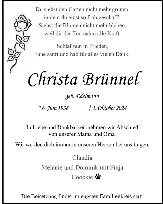 Traueranzeige von Christa Brünnel von Tageszeitung