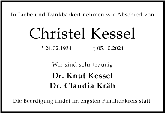 Traueranzeige von Christel Kessel von Tageszeitung