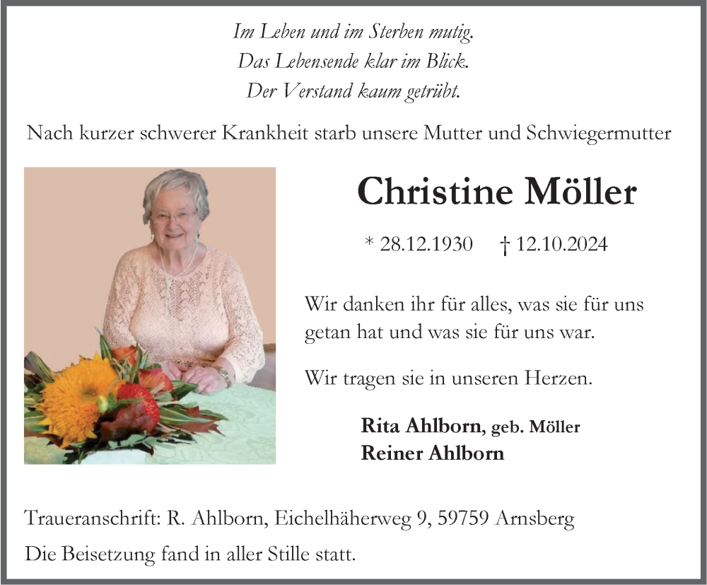 Traueranzeige für Christine Möller vom 26.10.2024 aus Tageszeitung