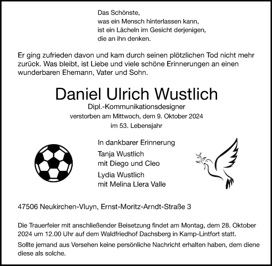 Traueranzeige von Daniel Ulrich Wustlich von Tageszeitung