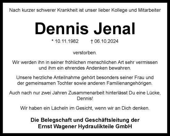 Traueranzeige von Dennis Jenal von Tageszeitung