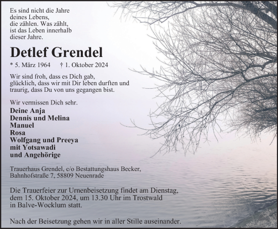 Traueranzeige von Detlef Grendel von Tageszeitung