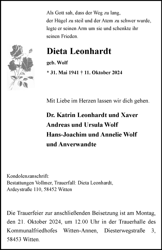  Traueranzeige für Dieta Leonhardt vom 19.10.2024 aus Tageszeitung