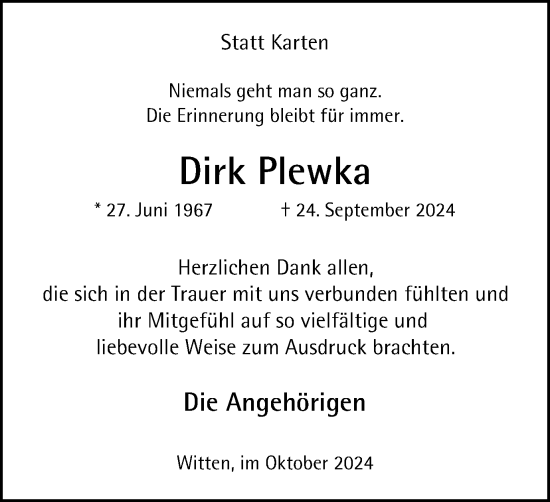 Traueranzeige von Dirk Plewka von Tageszeitung