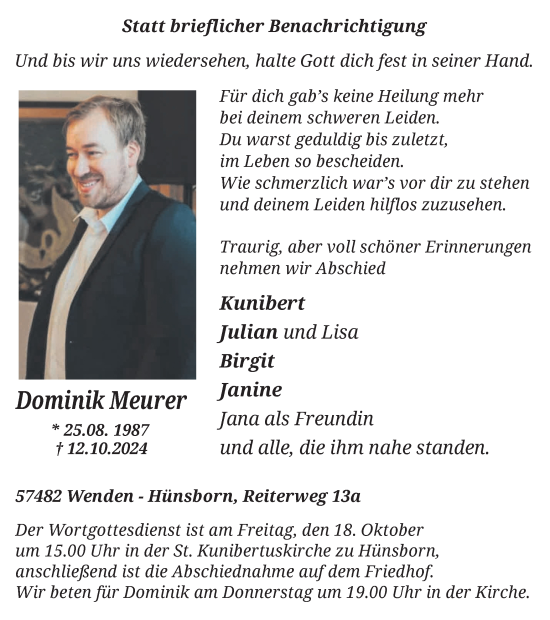 Traueranzeige von Dominik Meurer von Tageszeitung