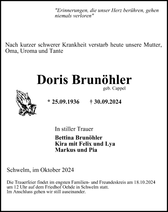Traueranzeige von Doris Brunöhler von Tageszeitung
