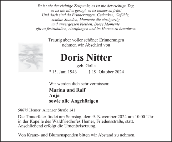 Traueranzeige von Doris Nitter von Tageszeitung