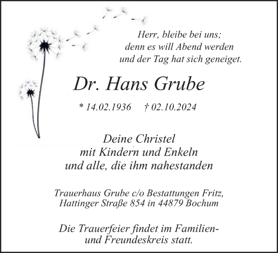 Traueranzeige von Dr. Hans Grube von Tageszeitung