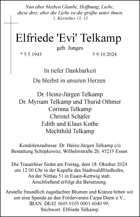 Traueranzeige von Elfriede Telkamp von Tageszeitung