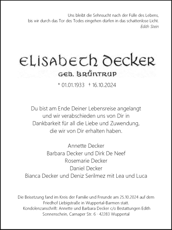 Traueranzeige von Elisabeth Decker von Tageszeitung