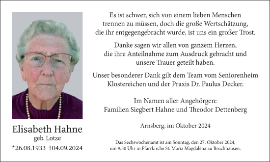 Traueranzeige von Elisabeth Hahne von Tageszeitung
