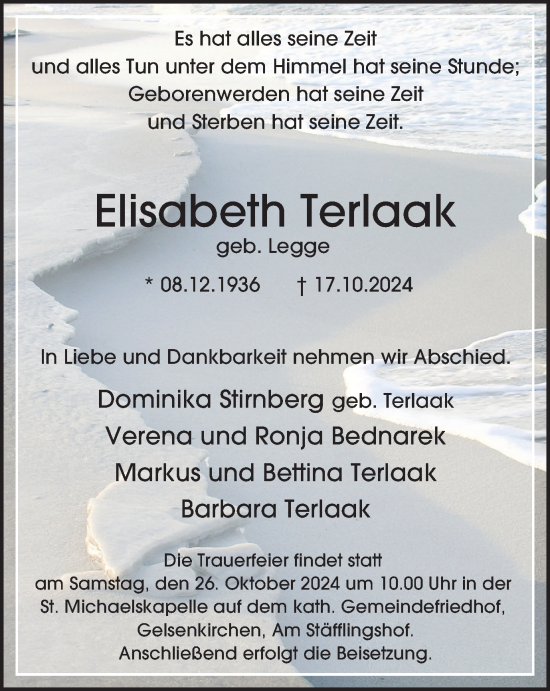 Traueranzeige von Elisabeth Terlaak von Tageszeitung