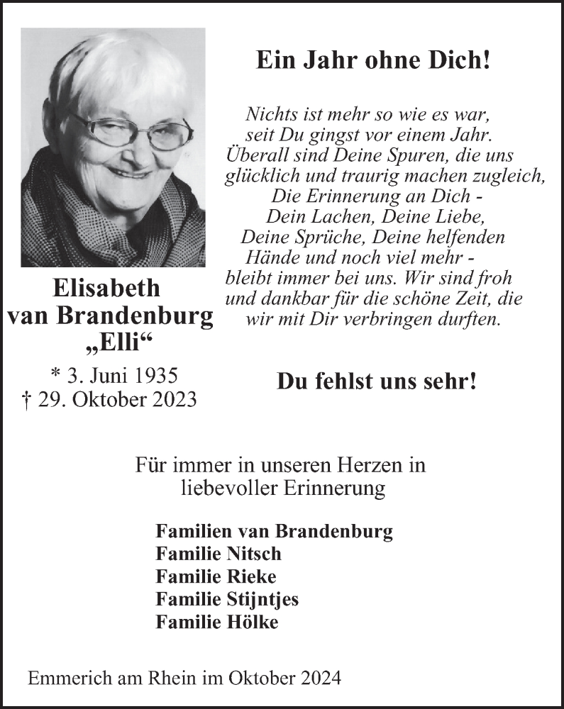  Traueranzeige für Elisabeth van Brandenburg vom 26.10.2024 aus Tageszeitung