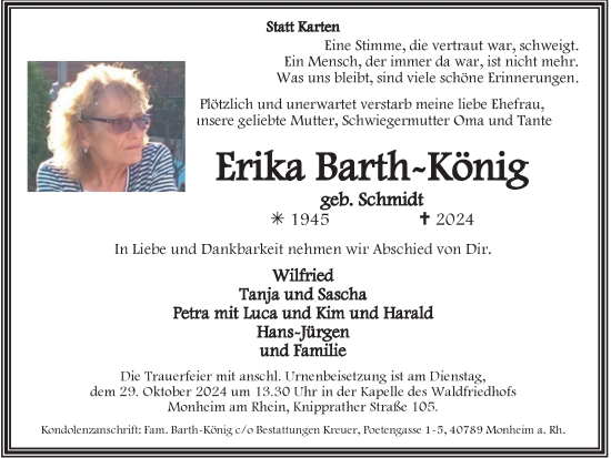 Traueranzeige von Erika Barth-König von Tageszeitung