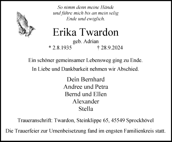 Traueranzeige von Erika Twardon von Tageszeitung