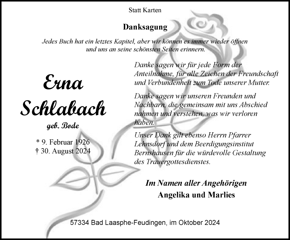  Traueranzeige für Erna Schlabach vom 25.10.2024 aus Tageszeitung