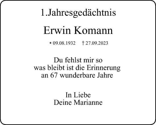 Traueranzeige von Erwin Komann von Tageszeitung