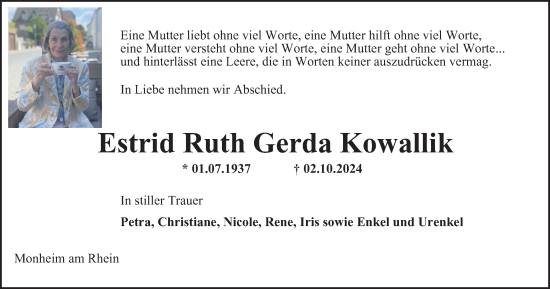Traueranzeige von Estrid Ruth Gerda Kowallik von Tageszeitung