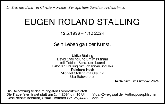Traueranzeige von Eugen Roland Stalling von Tageszeitung
