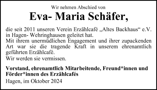 Traueranzeige von Eva- Maria Schäfer von Tageszeitung