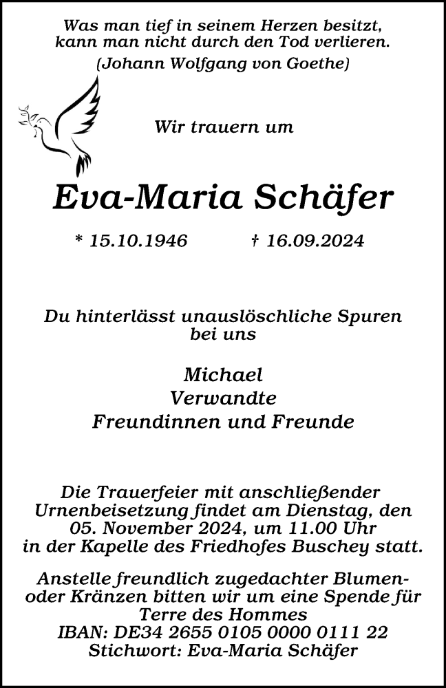  Traueranzeige für Eva-Maria Schäfer vom 12.10.2024 aus Tageszeitung