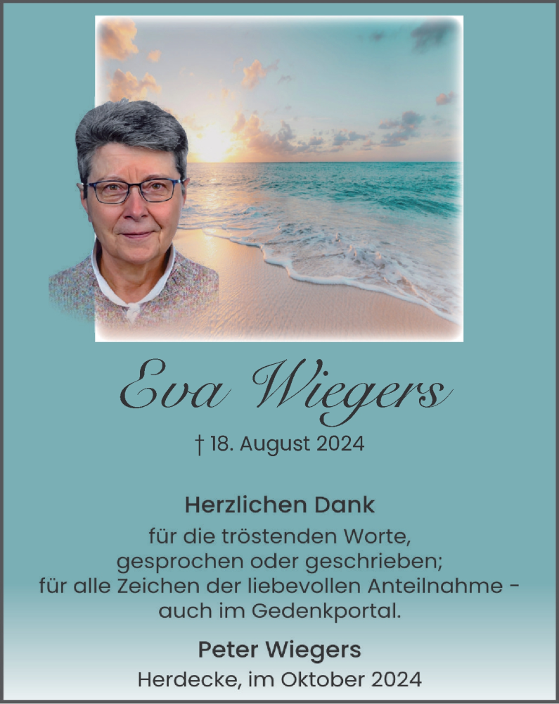  Traueranzeige für Eva Wiegers vom 19.10.2024 aus Tageszeitung