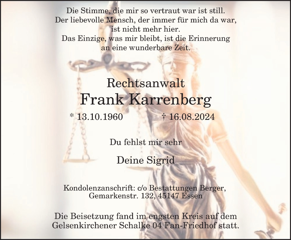  Traueranzeige für Frank Karrenberg vom 05.10.2024 aus Tageszeitung