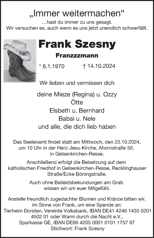  Traueranzeige für Frank Szesny vom 19.10.2024 aus Tageszeitung