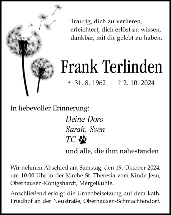 Traueranzeige von Frank Terlinden von Tageszeitung
