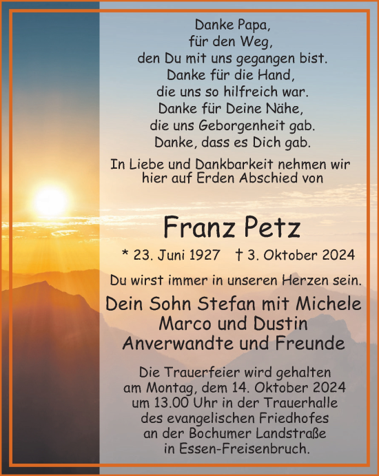 Traueranzeige von Franz Petz von Tageszeitung