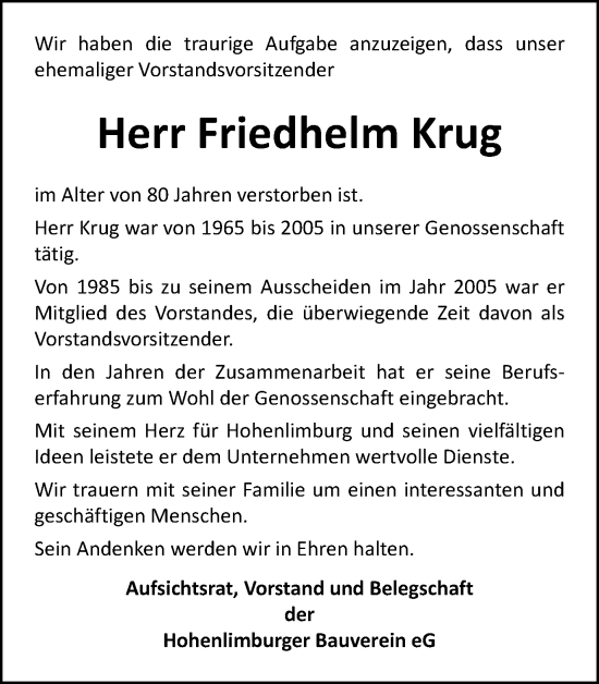 Traueranzeige von Friedhelm Krug von Tageszeitung