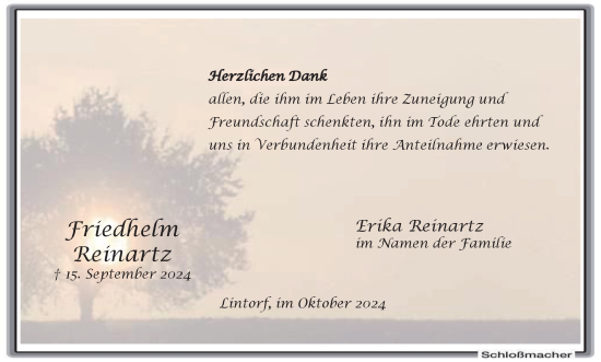 Traueranzeige von Friedhelm Reinartz von Tageszeitung