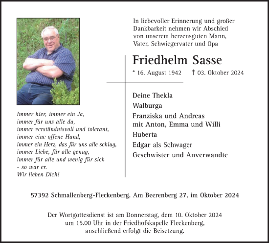 Traueranzeige von Friedhelm Sasse von Tageszeitung