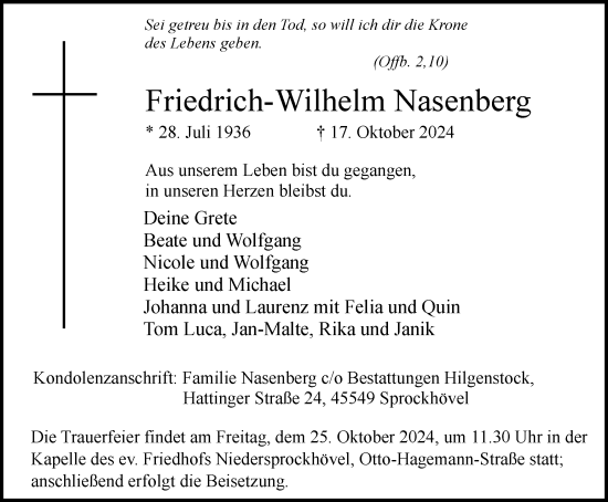 Traueranzeige von Friedrich-Wilhelm Nasenberg von Tageszeitung