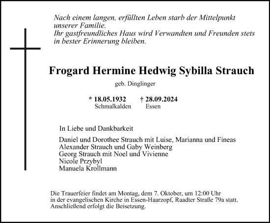 Traueranzeige von Frogard Hermine Hedwig Sybilla Strauch von Tageszeitung
