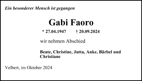 Traueranzeige von Gabi Faoro von Tageszeitung