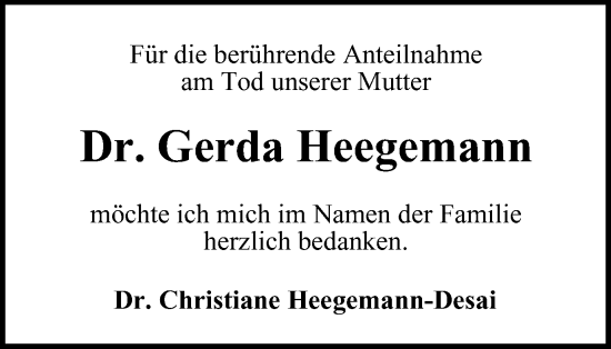 Traueranzeige von Gerda Heegemann von Tageszeitung