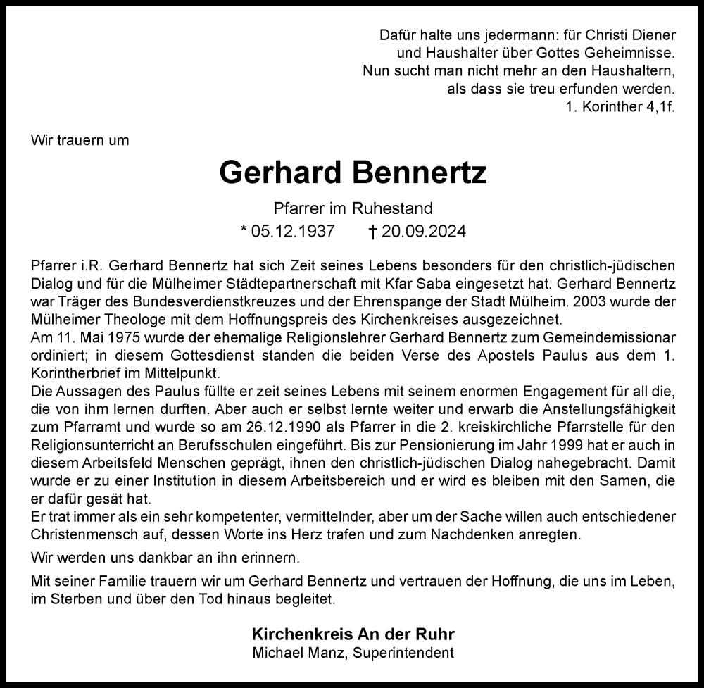  Traueranzeige für Gerhard Bennertz vom 05.10.2024 aus Tageszeitung