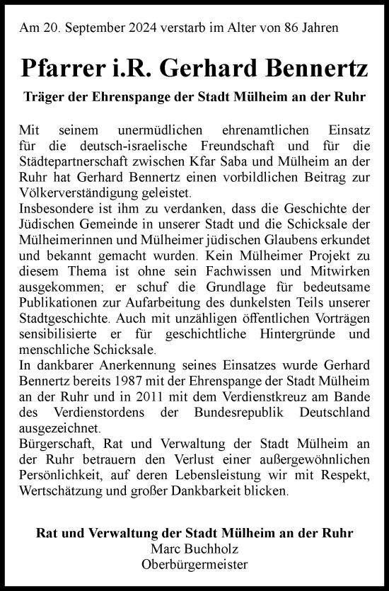 Traueranzeige von Gerhard Bennertz von Tageszeitung