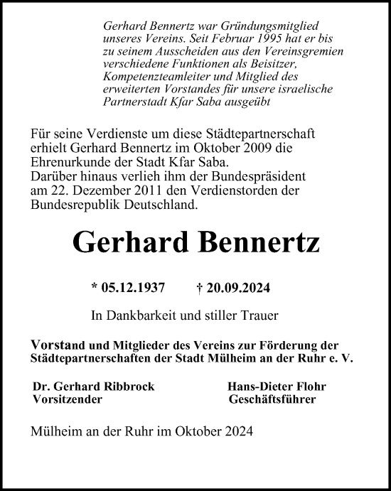 Traueranzeige von Gerhard Bennertz von Tageszeitung