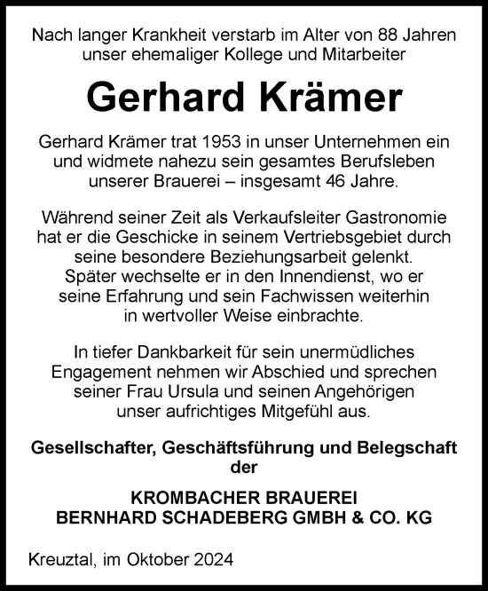 Traueranzeige von Gerhard Krämer von Tageszeitung