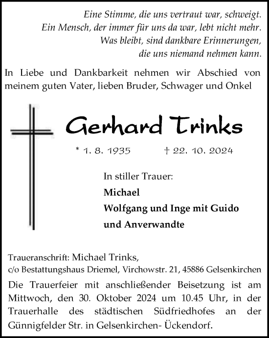 Traueranzeige von Gerhard Trinks von Tageszeitung