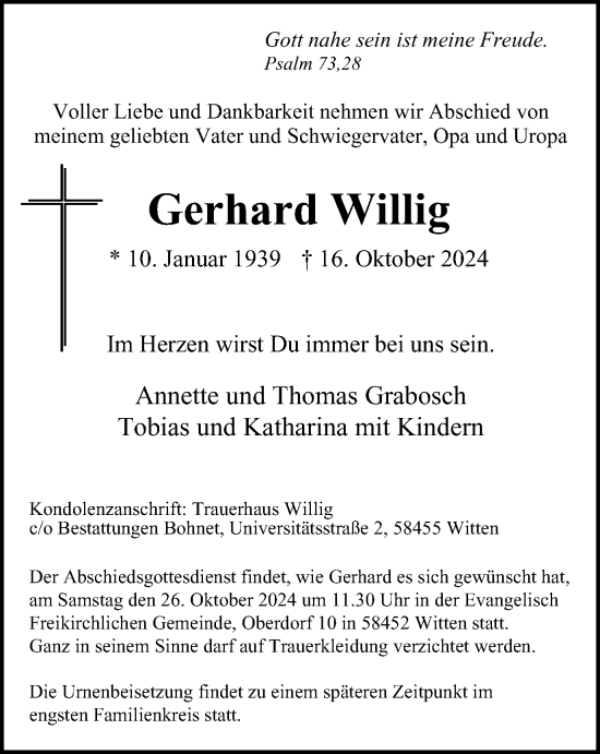 Traueranzeige von Gerhard Willig von Tageszeitung