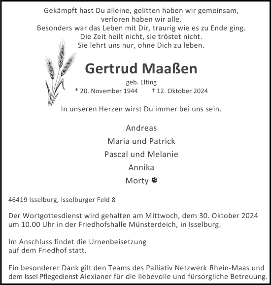 Traueranzeige von Gertrud Maaßen von Tageszeitung
